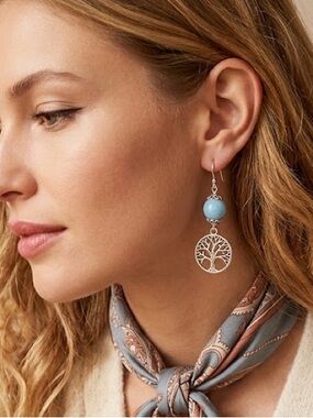 Silver Tree Of Life Carved Out With Light Blue Beaded Tiered Earrings